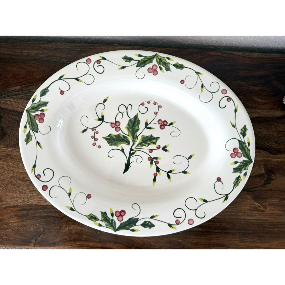 Holly Berry Christmas Ceramic 18” oval platter Tabletops Unlimited Hand Painted